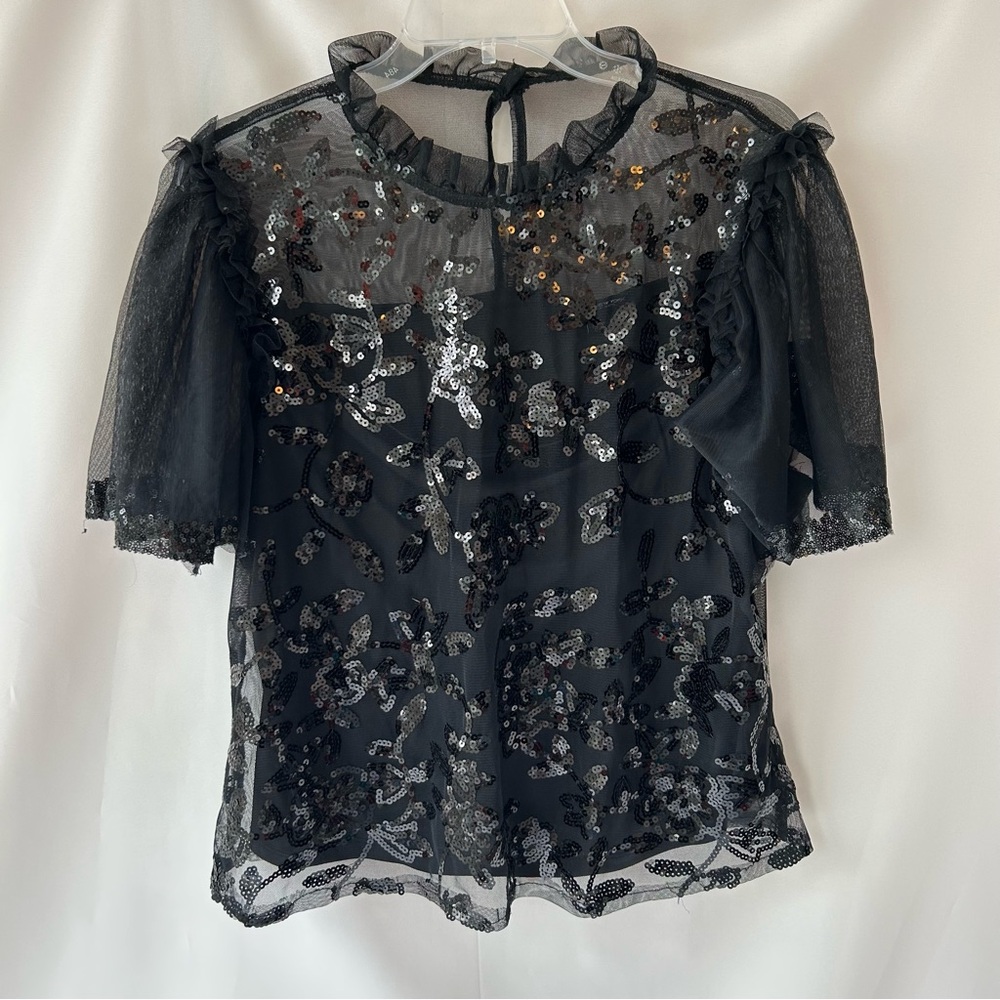 Marc New York Black Sequin Floral Mesh Blouse